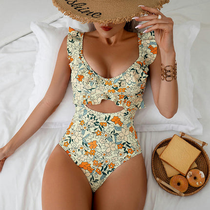 Womens Tummy Control Bathing Suits Slimming Ruffle Swimsuit One Piece Cutout Swimwear