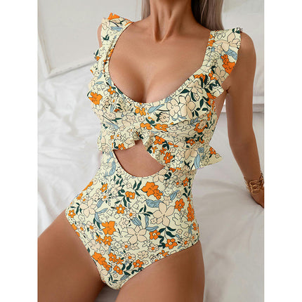 Womens Tummy Control Bathing Suits Slimming Ruffle Swimsuit One Piece Cutout Swimwear