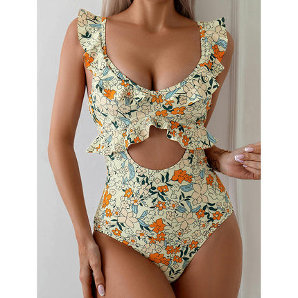 Womens Tummy Control Bathing Suits Slimming Ruffle Swimsuit One Piece Cutout Swimwear