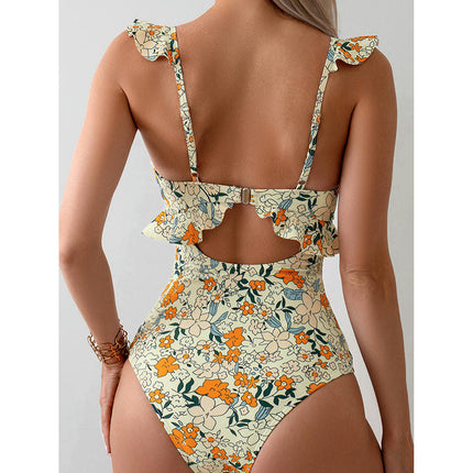 Womens Tummy Control Bathing Suits Slimming Ruffle Swimsuit One Piece Cutout Swimwear