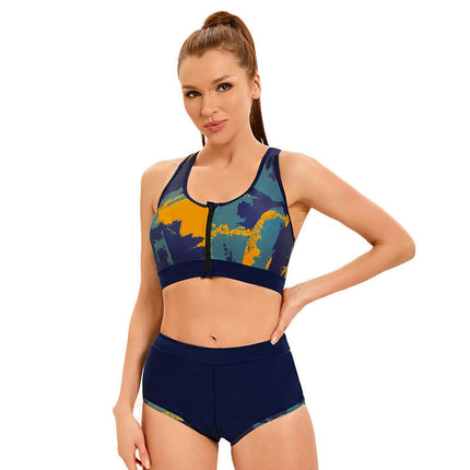 Women's Two Piece Sports Bikini Set Athletic Zip Front Swimsuit Crop Top with Boy Shorts