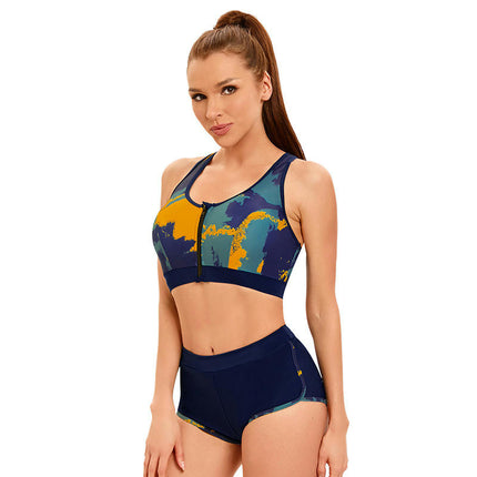 Women's Two Piece Sports Bikini Set Athletic Zip Front Swimsuit Crop Top with Boy Shorts