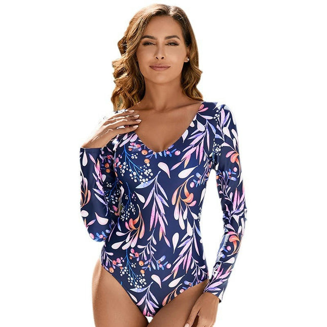 Women's Long Sleeve Bathing Suit One Piece Swimsuit Floral Print Backless Swimwear