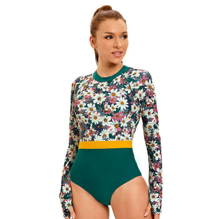 Women's One Piece Rash Guard Swimsuit Printed Long Sleeve Zipper Surfing Bathing Suit