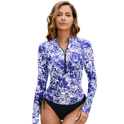 Women 2 Piece Rash Guard Long Sleeve Zipper Bathing Suit with Bottom Swimsuit