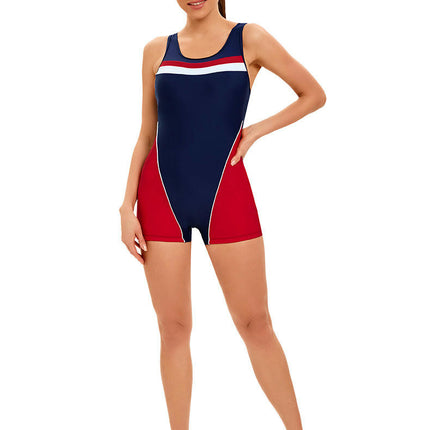 Women One Piece Boyleg Swimsuit Color Block Sporty Bathing Suits Athletic Swimwear