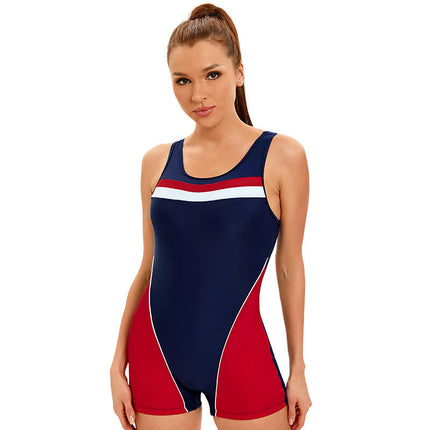 Women One Piece Boyleg Swimsuit Color Block Sporty Bathing Suits Athletic Swimwear