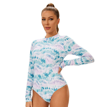 Womens Long Sleeve Bathing Suit Printed Surfing Swimwear One Piece Swimsuit