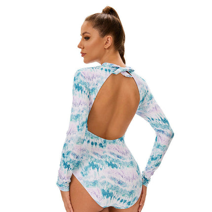 Womens Long Sleeve Bathing Suit Printed Surfing Swimwear One Piece Swimsuit