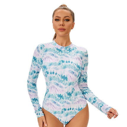 Womens Long Sleeve Bathing Suit Printed Surfing Swimwear One Piece Swimsuit