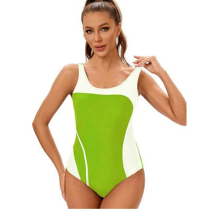 Women Athletic One Piece Swimsuit Bathing Suit Color Block High Cut Sports Swimwear