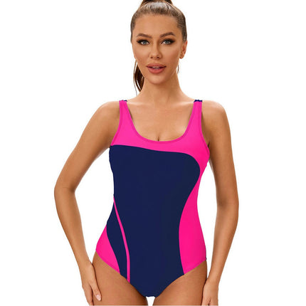 Women Athletic One Piece Swimsuit Bathing Suit Color Block High Cut Sports Swimwear