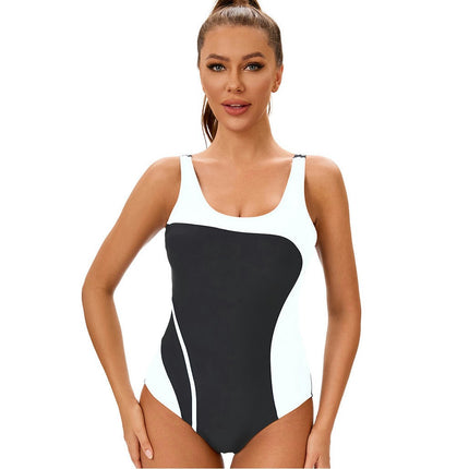 Women Athletic One Piece Swimsuit Bathing Suit Color Block High Cut Sports Swimwear