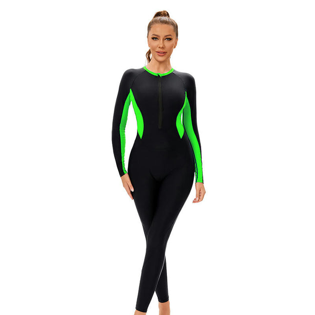 Women's Full Body Swimsuit Rash Guard One Piece Zipper Long Sleeve Long Leg Swimwear