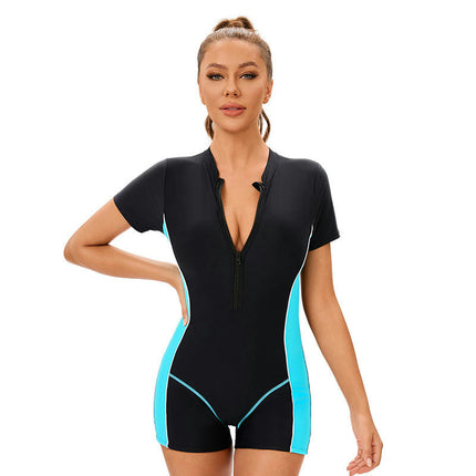 Womens One Piece Short Sleeves Zipper Swimsuit Athletic Boyleg Bathing Suit Surfing Swimwear