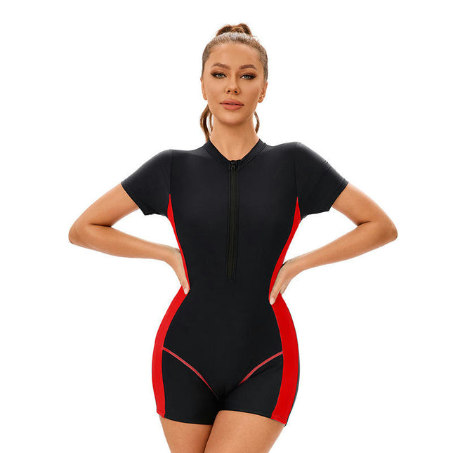 Womens One Piece Short Sleeves Zipper Swimsuit Athletic Boyleg Bathing Suit Surfing Swimwear