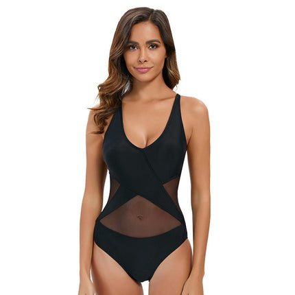 Women's One Piece Swimsuit V Neck Mesh Bathing Suit Swimwear Monokini