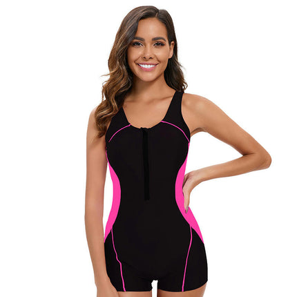 Women's One Piece Sleeveless Swimsuit Athletic Zipper Surfing Swimwear Boyleg Bathing Suit