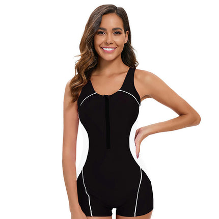 Women's One Piece Sleeveless Swimsuit Athletic Zipper Surfing Swimwear Boyleg Bathing Suit