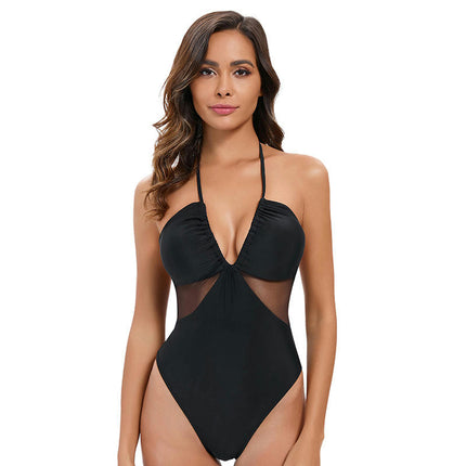 Women Sexy One Piece Swimsuit Halter V Neck Monokini Mesh Bathing Suit