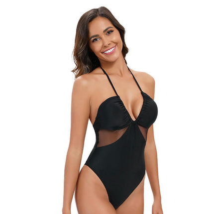 Women Sexy One Piece Swimsuit Halter V Neck Monokini Mesh Bathing Suit