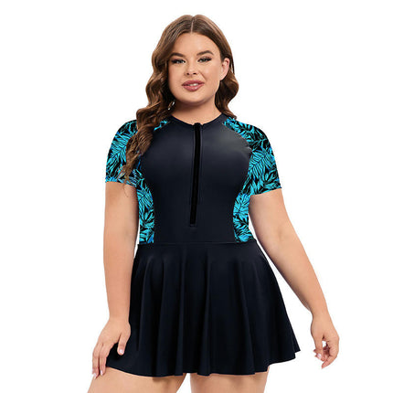 Womens Rash Guard One Piece Swimsuit Short Sleeve Swim Dress with Shorts Zipper Swimskirt