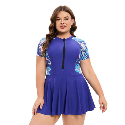 Womens Rash Guard One Piece Swimsuit Short Sleeve Swim Dress with Shorts Zipper Swimskirt