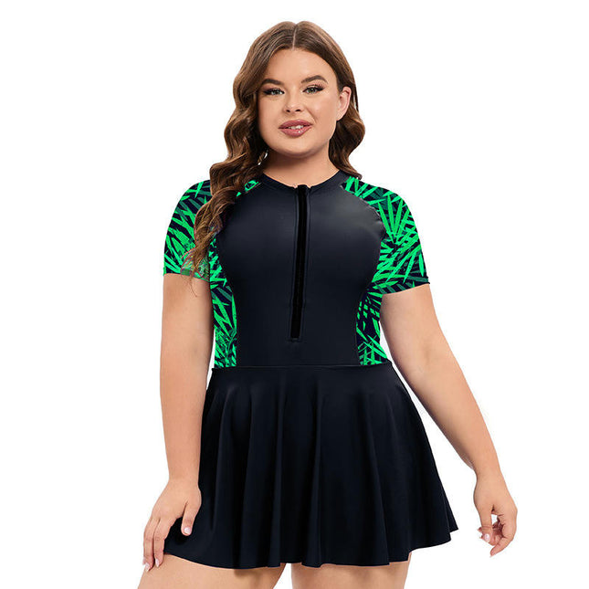 Womens Rash Guard One Piece Swimsuit Short Sleeve Swim Dress with Shorts Zipper Swimskirt