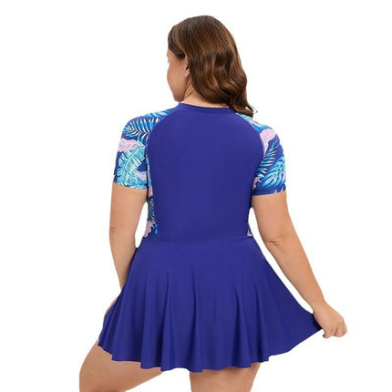 Womens Rash Guard One Piece Swimsuit Short Sleeve Swim Dress with Shorts Zipper Swimskirt