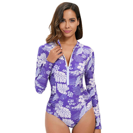 Women's One Piece Swimsuit Long Sleeve Zipper Swimwear Surfing Bathing Suit