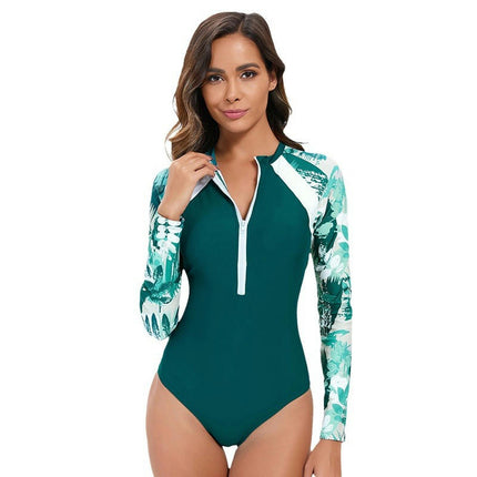 Womens Long Sleeve Rash Guard One Piece Swimsuit Zpper Printed Bathing Suit