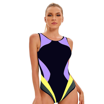 Women's One Piece Swimwear Athletic Color Block Swimsuit Sleeveless Bathing Suit