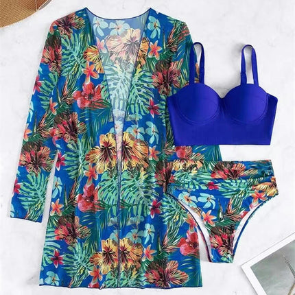 Women's 3 Piece Swimsuit Sexy Push Up Floral Printed Bikini Set with Kimono Cover Ups