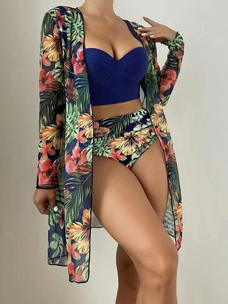 Women's 3 Piece Swimsuit Sexy Push Up Floral Printed Bikini Set with Kimono Cover Ups