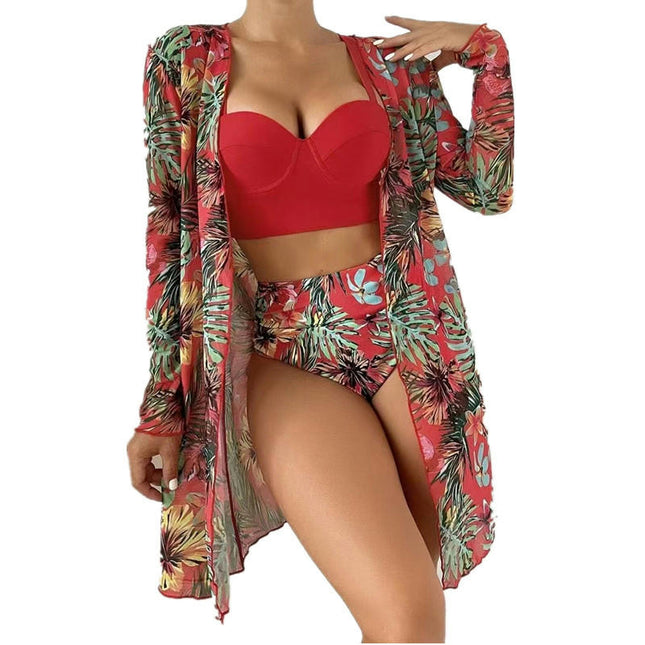 Women's 3 Piece Swimsuit Sexy Push Up Floral Printed Bikini Set with Kimono Cover Ups