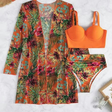 Women's 3 Piece Swimsuit Sexy Push Up Floral Printed Bikini Set with Kimono Cover Ups