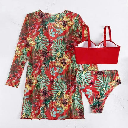 Women's 3 Piece Swimsuit Sexy Push Up Floral Printed Bikini Set with Kimono Cover Ups