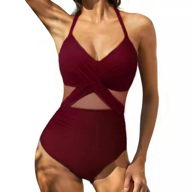 Women's One Piece Swimsuit V Neck Swimwear Mesh Tummy Control Bathing Suit