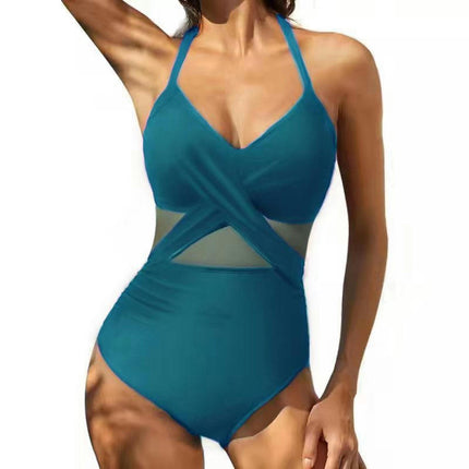 Women's One Piece Swimsuit V Neck Swimwear Mesh Tummy Control Bathing Suit