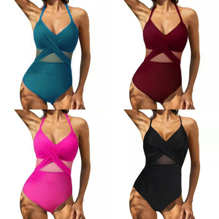 Women's One Piece Swimsuit V Neck Swimwear Mesh Tummy Control Bathing Suit