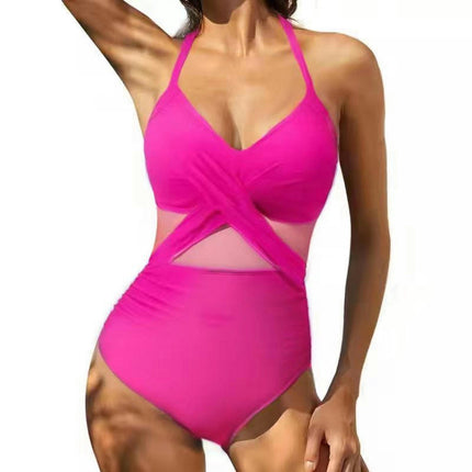 Women's One Piece Swimsuit V Neck Swimwear Mesh Tummy Control Bathing Suit