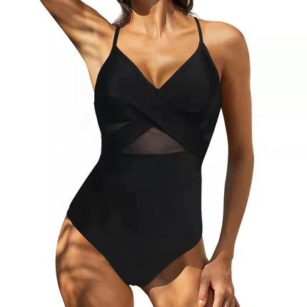 Women's One Piece Swimsuit V Neck Swimwear Mesh Tummy Control Bathing Suit