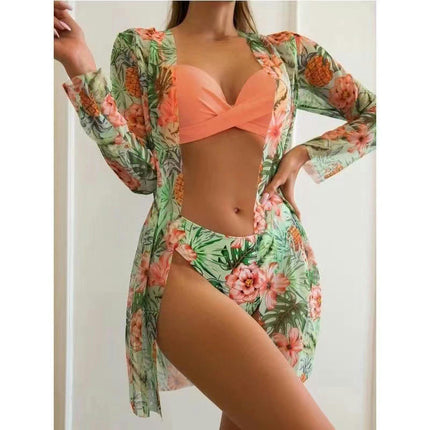 Women's 3 Piece Bikini Set Sexy Floral Printed Push Up Swimsuit with Kimono Cover Ups