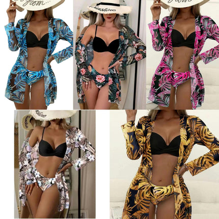 Women's 3 Piece Bikini Set Sexy Floral Printed Push Up Swimsuit with Kimono Cover Ups