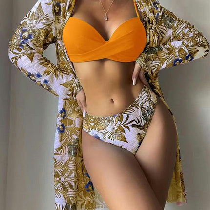 Women's 3 Piece Bikini Set Sexy Floral Printed Push Up Swimsuit with Kimono Cover Ups