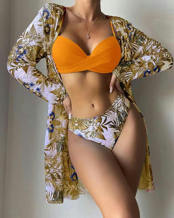 Women's 3 Piece Bikini Set Sexy Floral Printed Push Up Swimsuit with Kimono Cover Ups