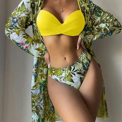 Women's 3 Piece Bikini Set Sexy Floral Printed Push Up Swimsuit with Kimono Cover Ups