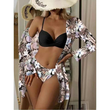 Women's 3 Piece Bikini Set Sexy Floral Printed Push Up Swimsuit with Kimono Cover Ups