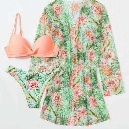 Women's 3 Piece Bikini Set Sexy Floral Printed Push Up Swimsuit with Kimono Cover Ups