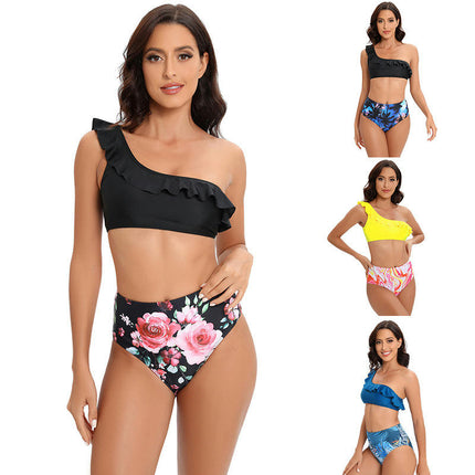 Women's High Waisted Bikini Swimsuits Sets Ruffled One Shoulder Two Piece Bathing Suits